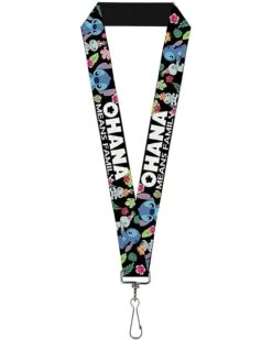 Buckle-Down Lanyard - OHANA MEANS FAMILY/Stitch & Scrump Poses/Tropical Flora Black/White/Multi Color