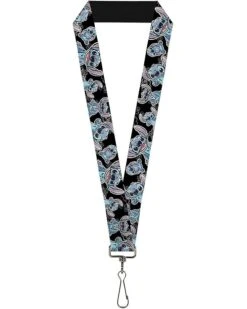 Buckle-Down Unisex Adults Lanyard - 1.0 Stitch Poses/Hibiscus Sketch Black/Gray/Blue Key Chain, Multicolor, One Size US