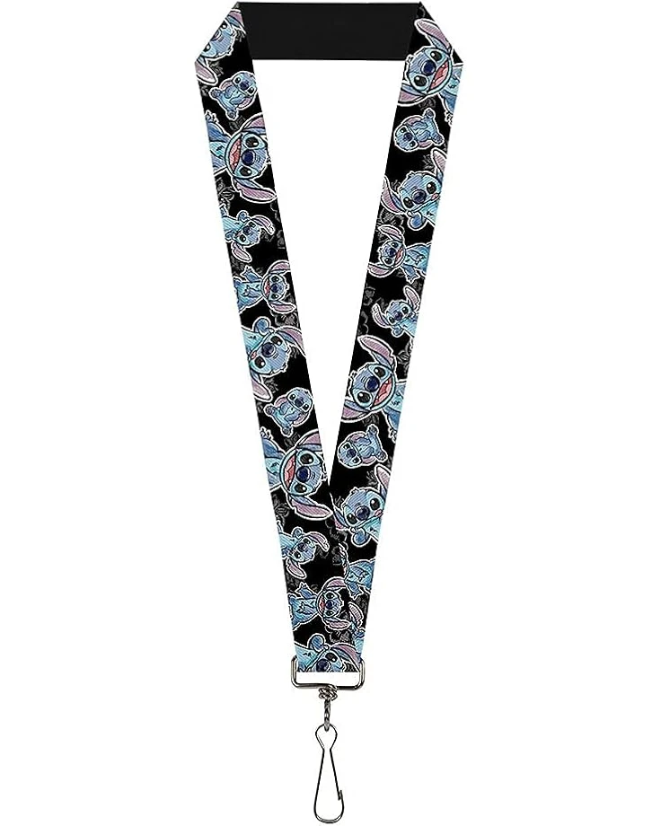 Buckle-Down Unisex Adults Lanyard - 1.0 Stitch Poses/Hibiscus Sketch Black/Gray/Blue Key Chain, Multicolor, One Size US