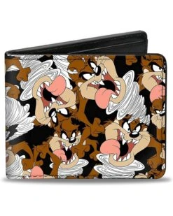 Buckle-Down PU Bifold Wallet - Tasmanian Devil Vortex Poses Scattered Black